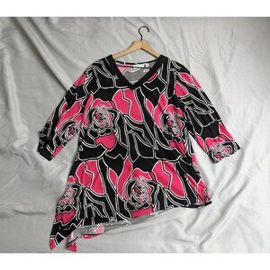 Susan Graver Top Pink Black Floral Liquid Knit Asymmetrical Womens Size 1X